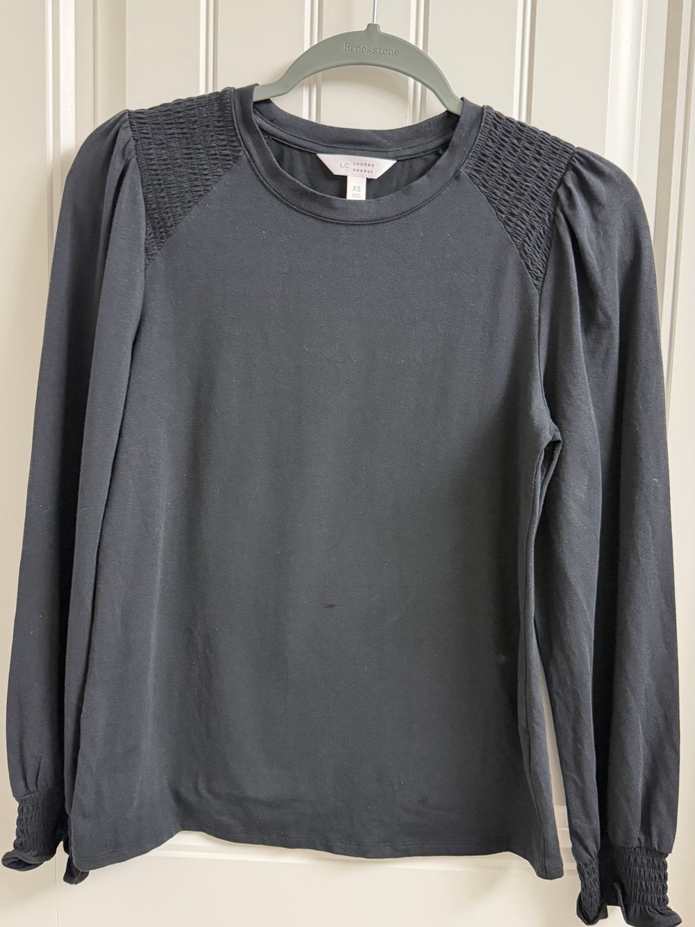LC Lauren Conrad Black Smocked-Shoulder Long Sleeve Top
